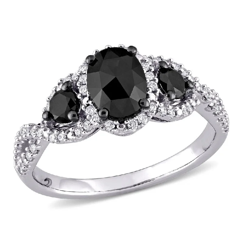 Affordable engagement rings for women-Miadora 14k White Gold 1 1/3ct TDW Oval Black & White Diamond 3-Stone Halo Infinity Engagement Ring