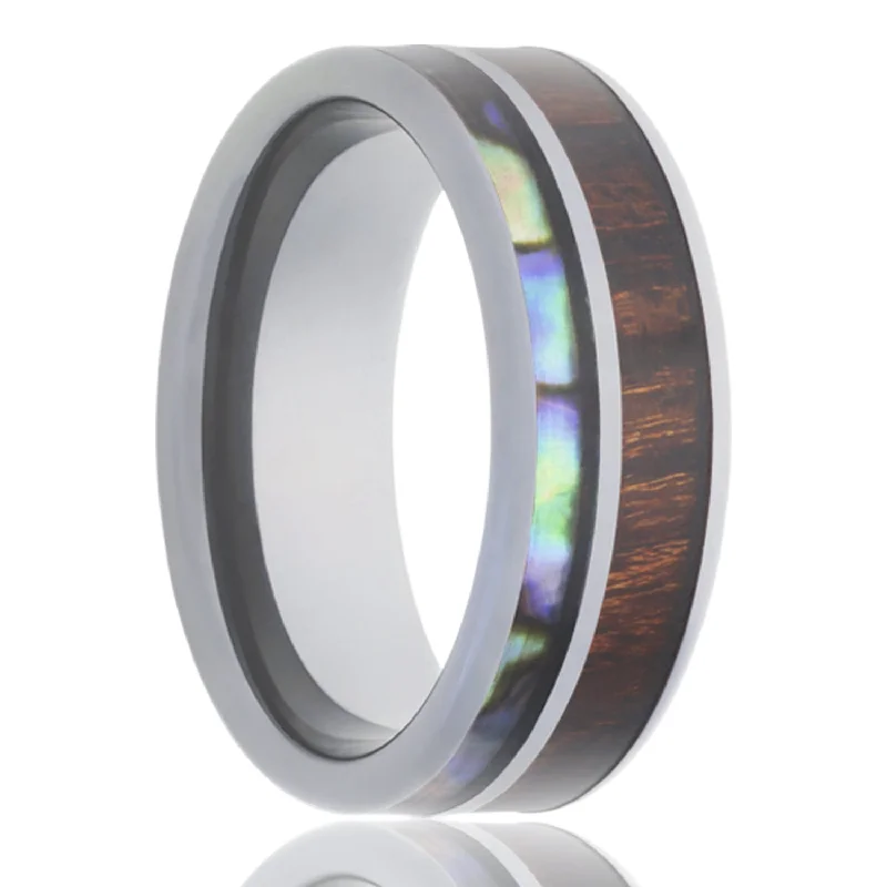 Modern engagement rings for women-Koa Wood & Abalone Inlaid Tungsten Wedding Band