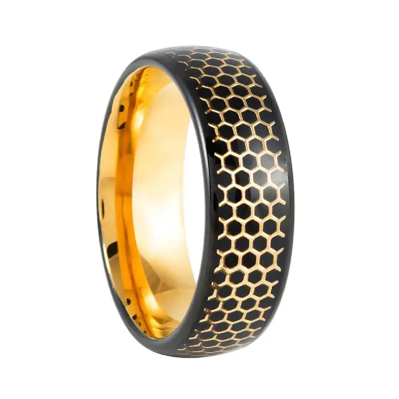 Affordable rings for women with intricate designs-Black & Gold Hexagon Honeycomb Inlay Tungsten Men's Wedding Band