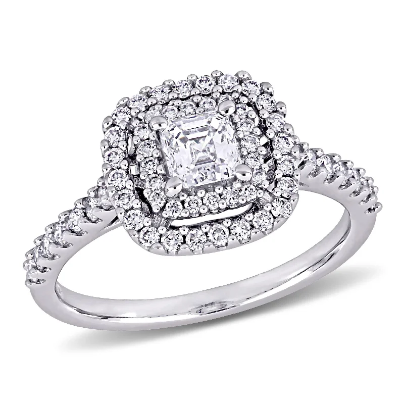 Diamond engagement rings with halo settings-Miadora 14k White Gold 1ct TDW Asscher-cut Diamond Double Halo Engagement Ring