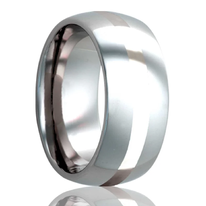 Simple silver rings for women-Platinum Inlay Domed Tungsten Wedding Band