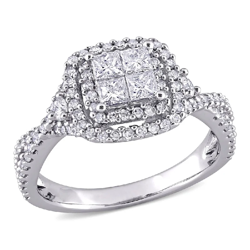 Engagement rings with princess cut diamonds-Miadora 10k White Gold 1ct TDW Princess-cut Quad Diamond Crossover Halo Engagement Ring