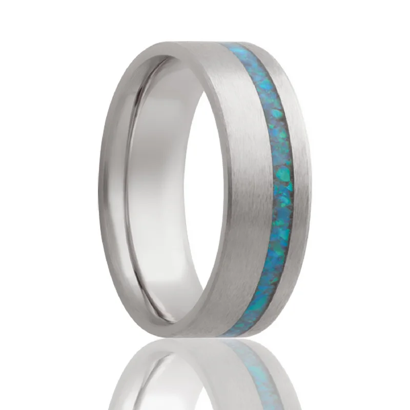 Beautiful heart-shaped rings for women-Asymmetrical Blue Opal Inlaid 14k Gold Tungsten Men's Wedding Band