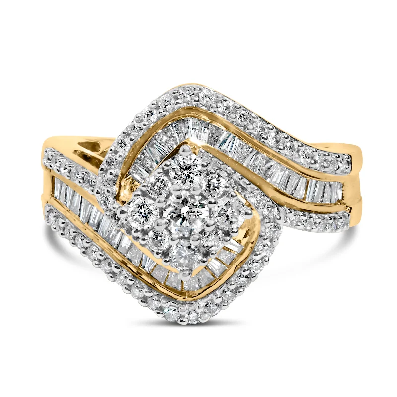 Engagement rings with colored diamonds-14K Yellow Gold 1.0 Cttw Baguette & Brilliant-Cut Diamond Round Floral Cluster Engagement or Fashion Ring with Swirl Wrapped Triple Row Band