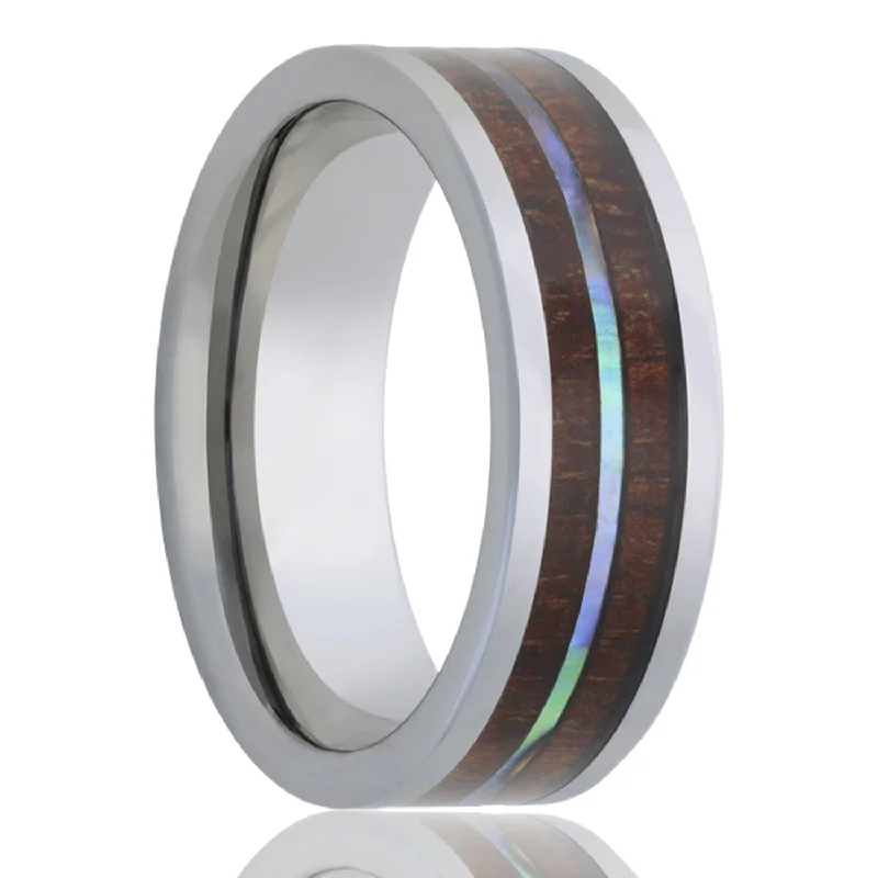 Women’s rings with oval gemstones-Koa Wood & Abalone Inlaid Cobalt Wedding Band