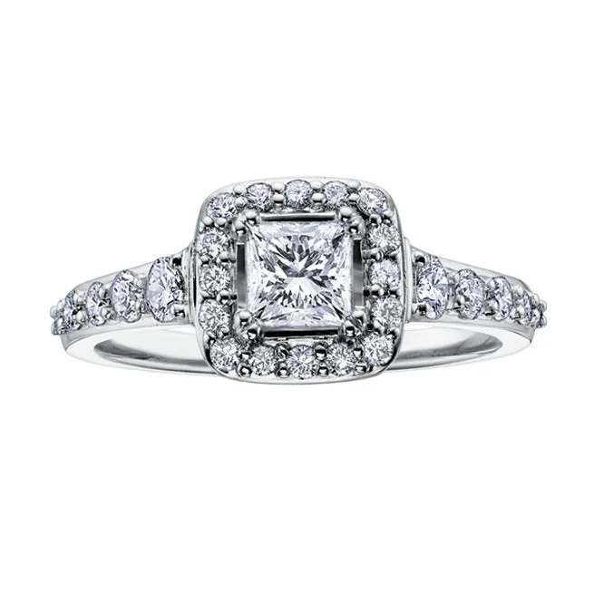 Customizable engagement rings for women-18kt White Gold 0.83cttw Princess Cut Canadian Diamond Center Halo Engagement Ring