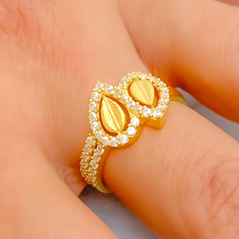 Designer rings for women-Ethereal Layered 22k Gold CZ Leaf Ring