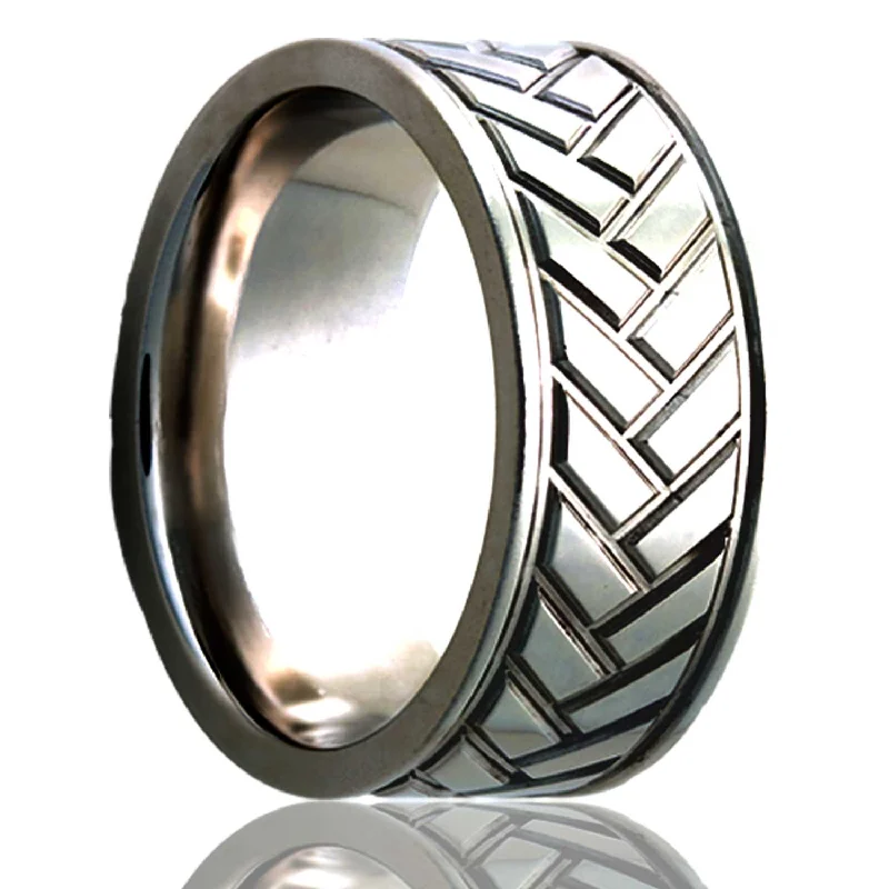 Bohemian rings for women-Herringbone Pattern Titanium Wedding Band