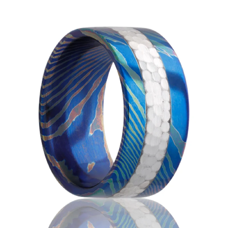 Elegant cocktail rings for women-Hammered Silver Inlay Blue Mokume Gane Titanium Men's Wedding Band