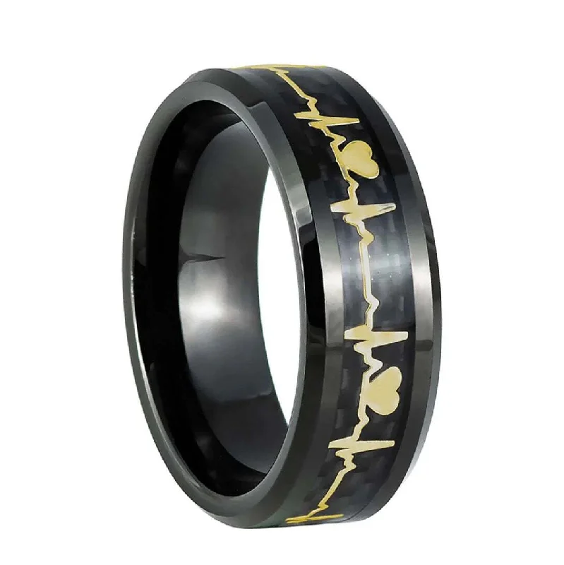 Women’s fashion rings with metal bands-Gold Heartbeat Inlay Black Tungsten Men's Wedding Band