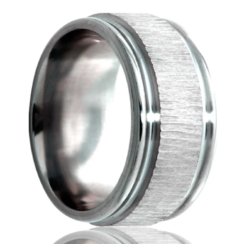 Elegant cocktail rings for women-Treebark Grooved Titanium Wedding Band with Stepped Edges