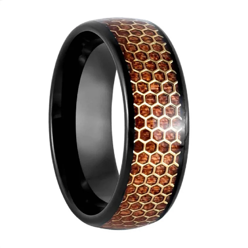 Chic gold rings for women-Wood & Gold Hexagon Honeycomb Inlay Black Tungsten Men's Wedding Band