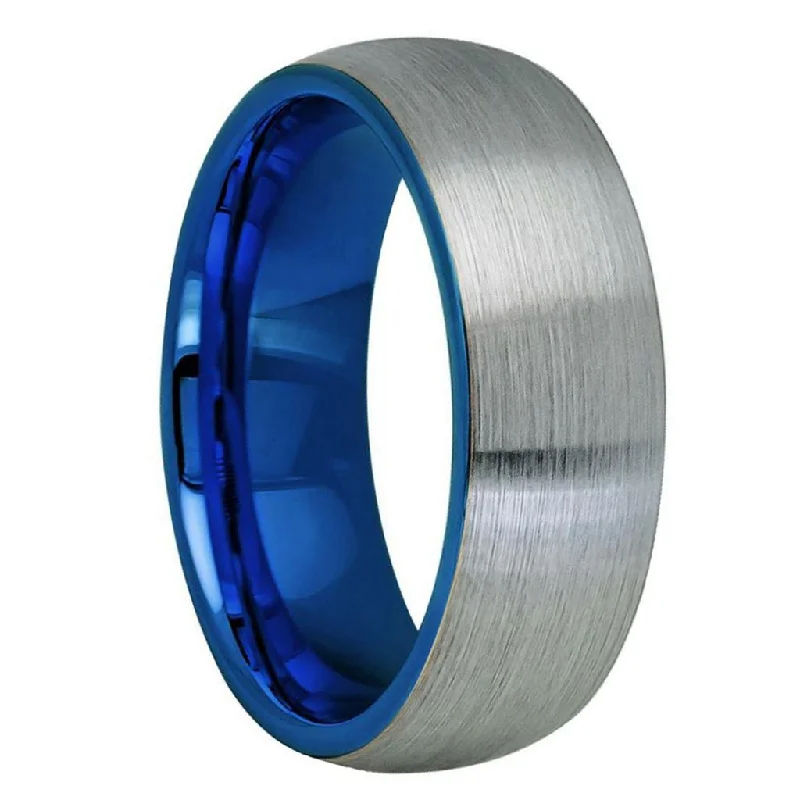 Unique rings with emerald stones for women-Domed Brushed Tungsten Men's Wedding Band with Contrasting Blue Interior