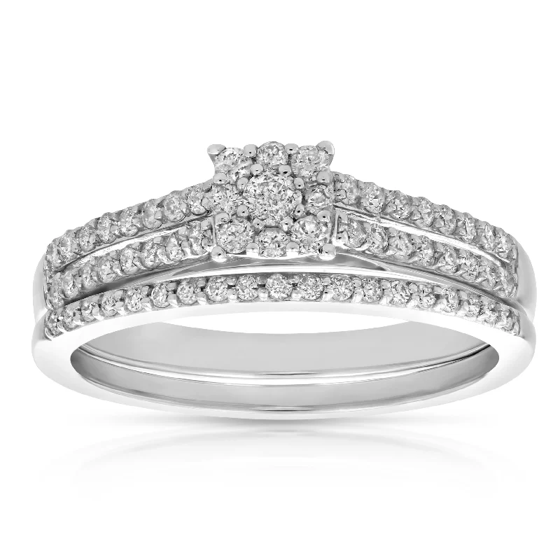 Elegant platinum engagement rings-1/2 cttw Diamond Cluster Wedding Engagement Ring Set 14K White Gold Bridal