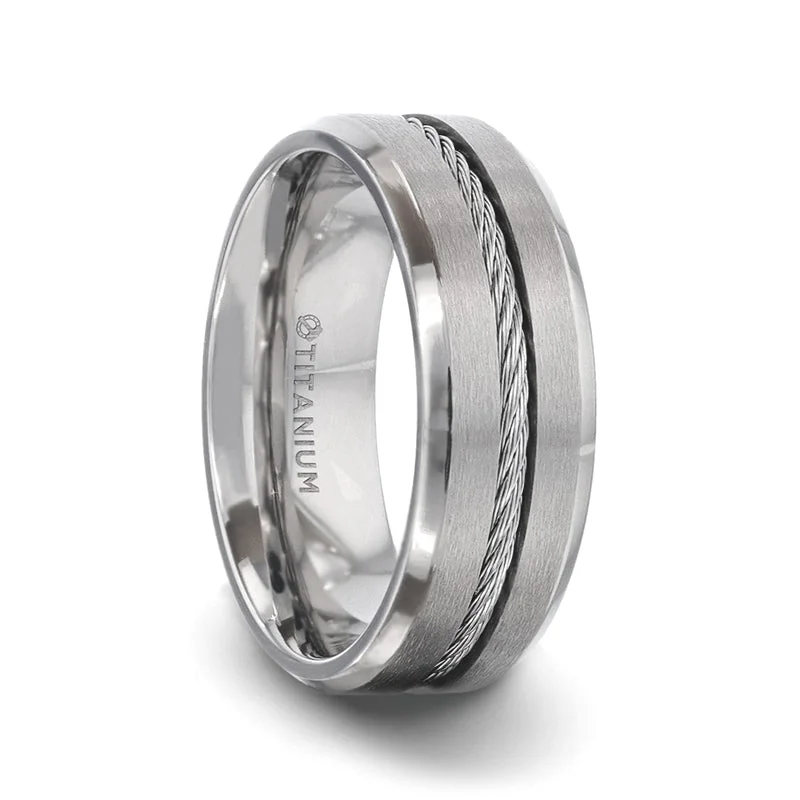 Elegant rose gold rings for women-Titanium Men's Wedding Band with Steel Wire Cable Inlay