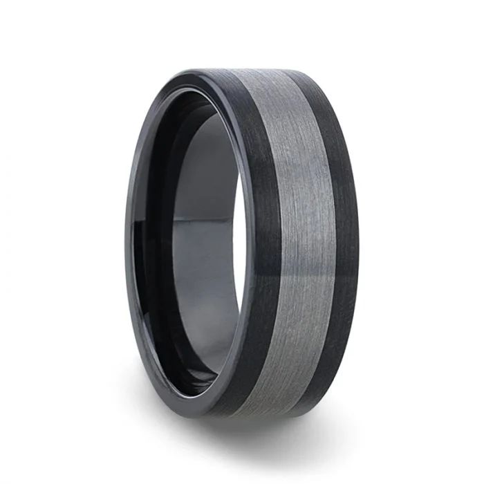 Unique design rings for women-Brushed Black Ceramic Men's Wedding Band with Tungsten Inlay