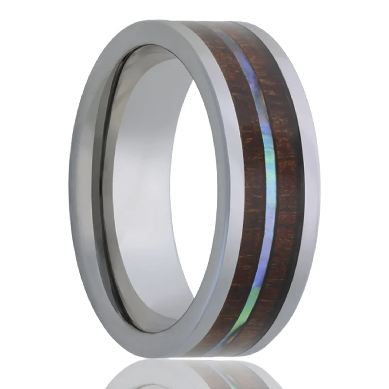 Stunning ruby rings for women-Koa Wood & Abalone Inlay Tungsten Wedding Band