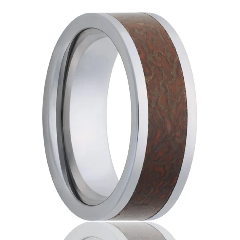 Luxury diamond rings for women-Red Dinosaur Bone Inlay Men's Tungsten Wedding Band