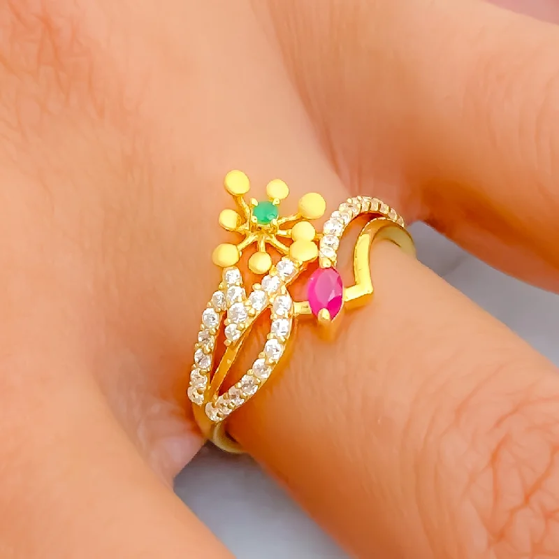 Vintage-style rings for ladies-Intricate Colorful 22k Gold CZ Ring