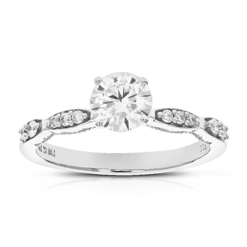 Simple and elegant engagement rings-1 cttw Round Lab Grown Diamond Engagement Ring 11 Stones 14K White Gold Prong Set 3/4 Inch