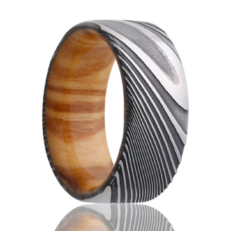 Chic stacking rings for women-Damascus Wedding Band with Olive Wood Center