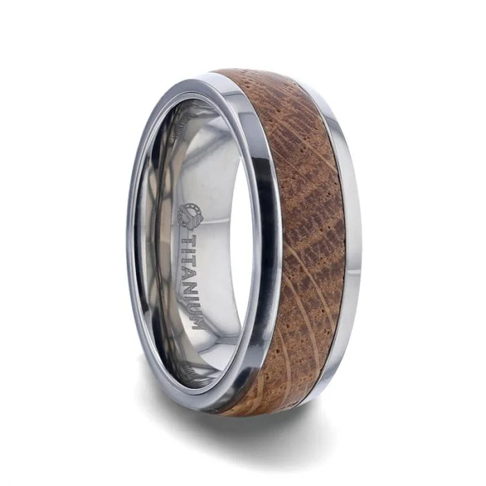 Chic fashion rings with crystal accents-Domed Titanium Men's Wedding Band with Whiskey Barrel Inlay