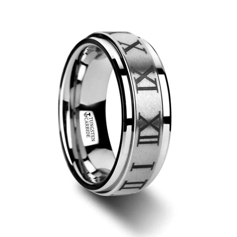 Fashion rings for women with colored stones-Roman Numerals Spinner Tungsten Wedding Band