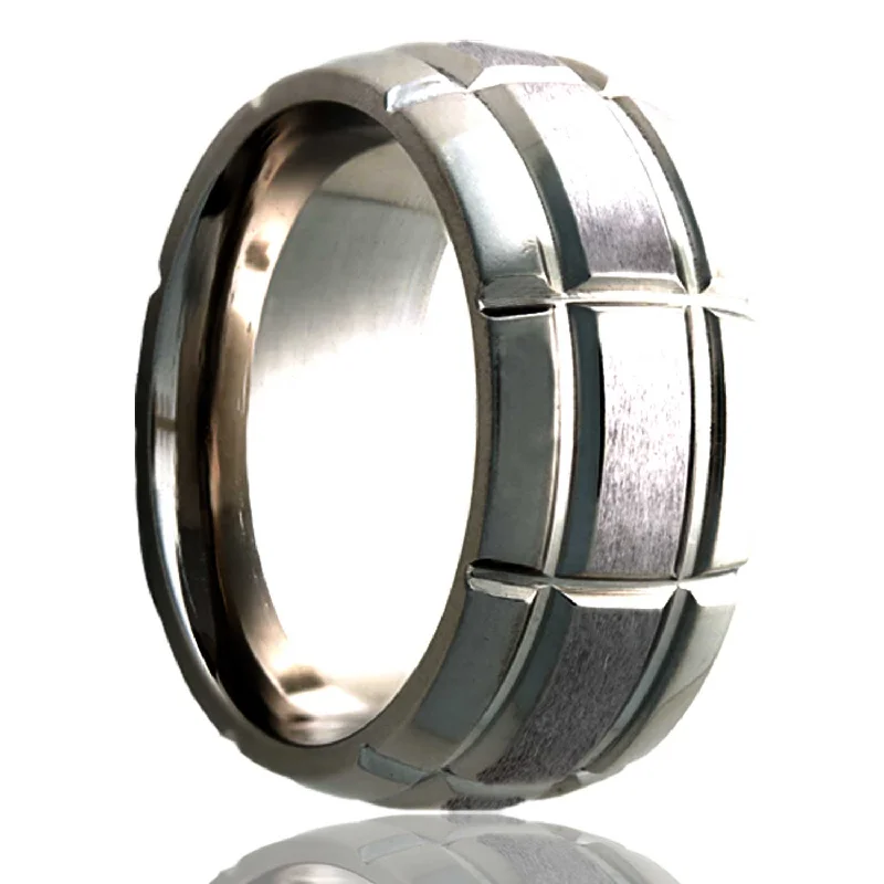 Unique cocktail rings for women-Intersecting Groove Pattern Domed Satin Finish Titanium Wedding Band