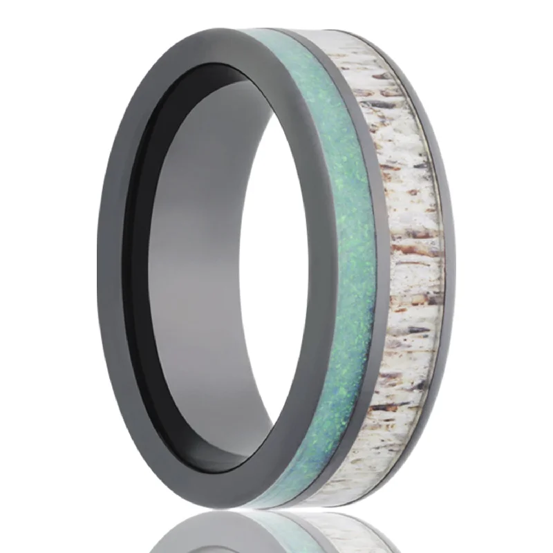 Gold band rings for women-Antler & Opal Inlay Ceramic Wedding Band