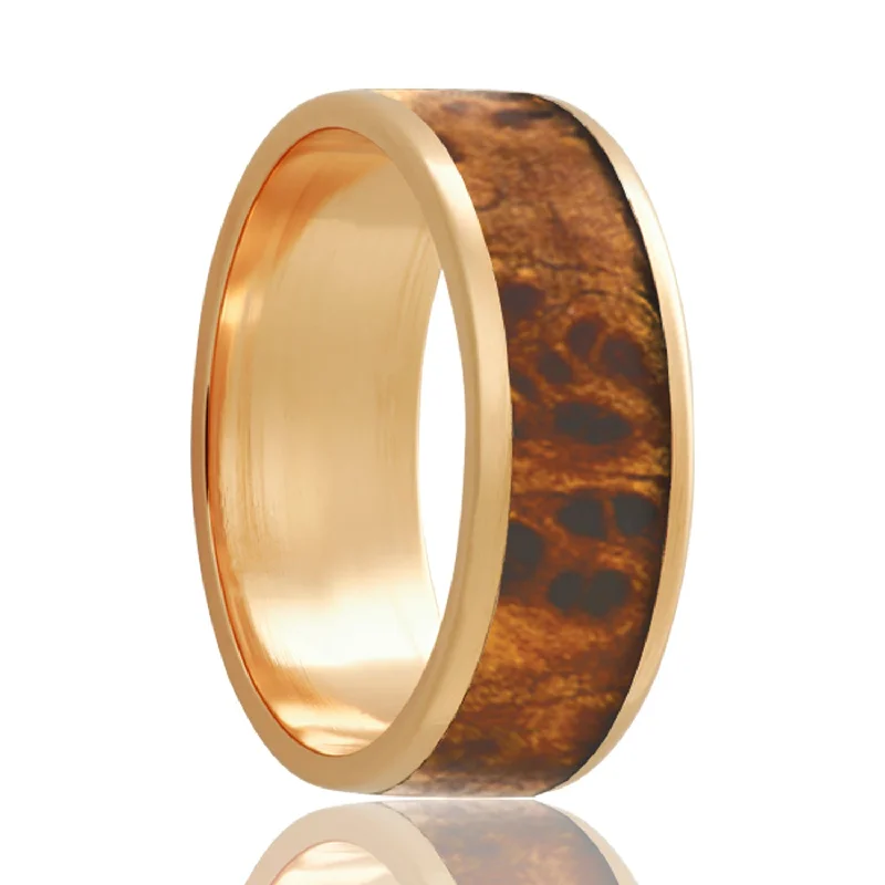 Classic wedding bands for women-Burl Wood Inlay 14k Yellow Gold Wedding Band