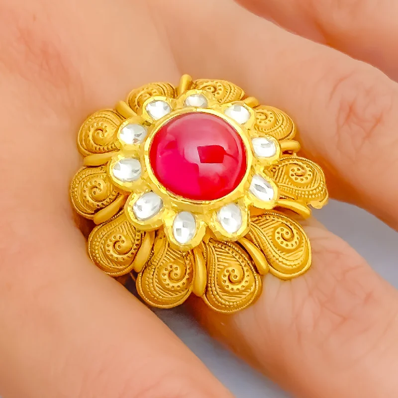 Unique cocktail rings for women-Bold Engraved 22k Gold Antique Finish Flower Ring