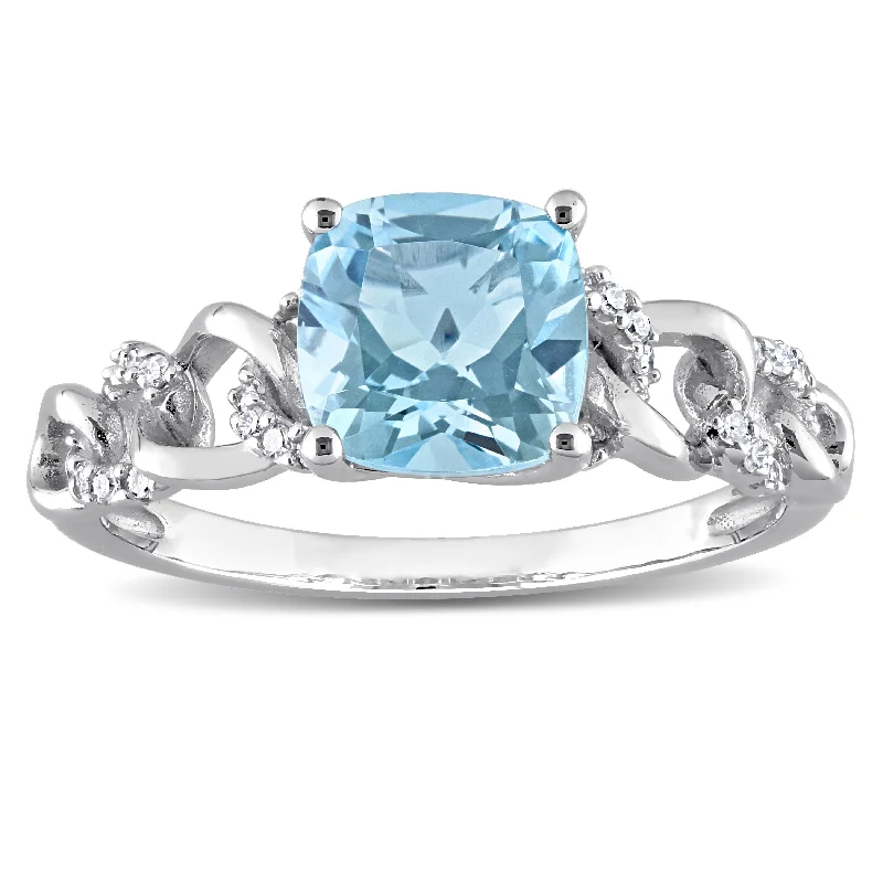 Engagement rings with three-stone settings-Miadora Cushion Sky Blue Topaz and 1/10ct TDW Diamond Link Engagement Ring in 10k White Gold