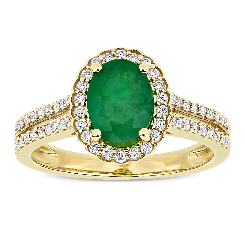 Engagement rings with rose-cut diamonds-Miadora 14k Yellow Gold Oval-cut Emerald and 1/3ct TDW Diamond Halo Split Shank Engagement Ring