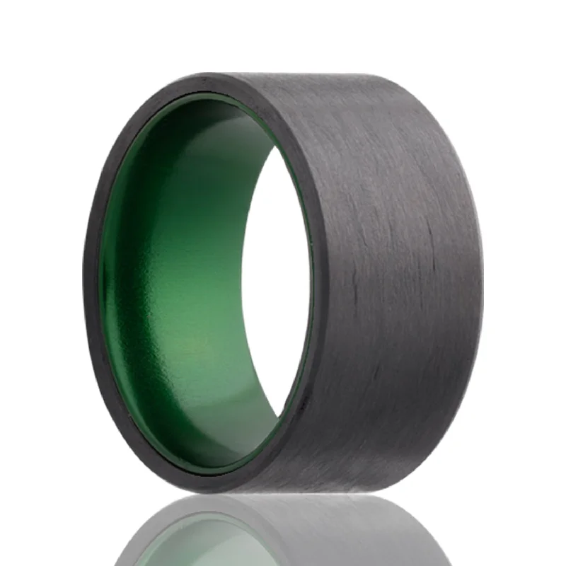 Antique rings for women-Carbon Fiber Wedding Band with Contrasting Green Center