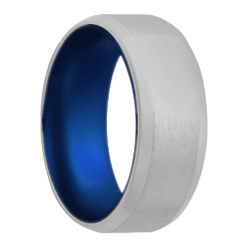 Unique cocktail rings for women-Satin Cobalt Wedding Band with Beveled Edges & Blue Center