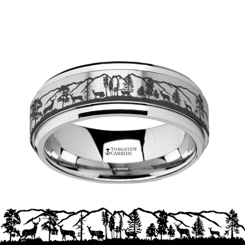 Wedding rings for women with unique designs-Deer & Mountain Range Engraved Spinner Tungsten Wedding Band