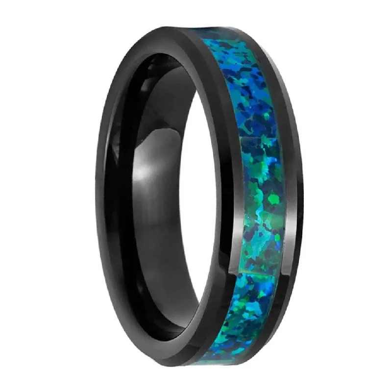 Classic wedding bands for women-Blue Opal Inlay Black Tungsten Men's Wedding Band