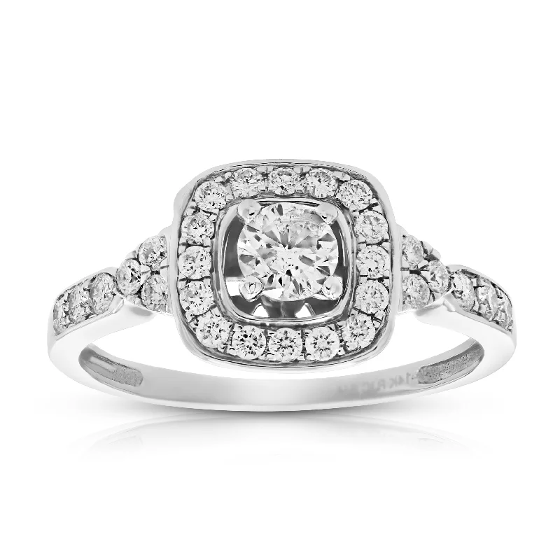 Luxury engagement rings with diamonds-3/4 cttw Diamond Halo 4-Prong Wedding Engagement Ring Cushion 14K White Gold