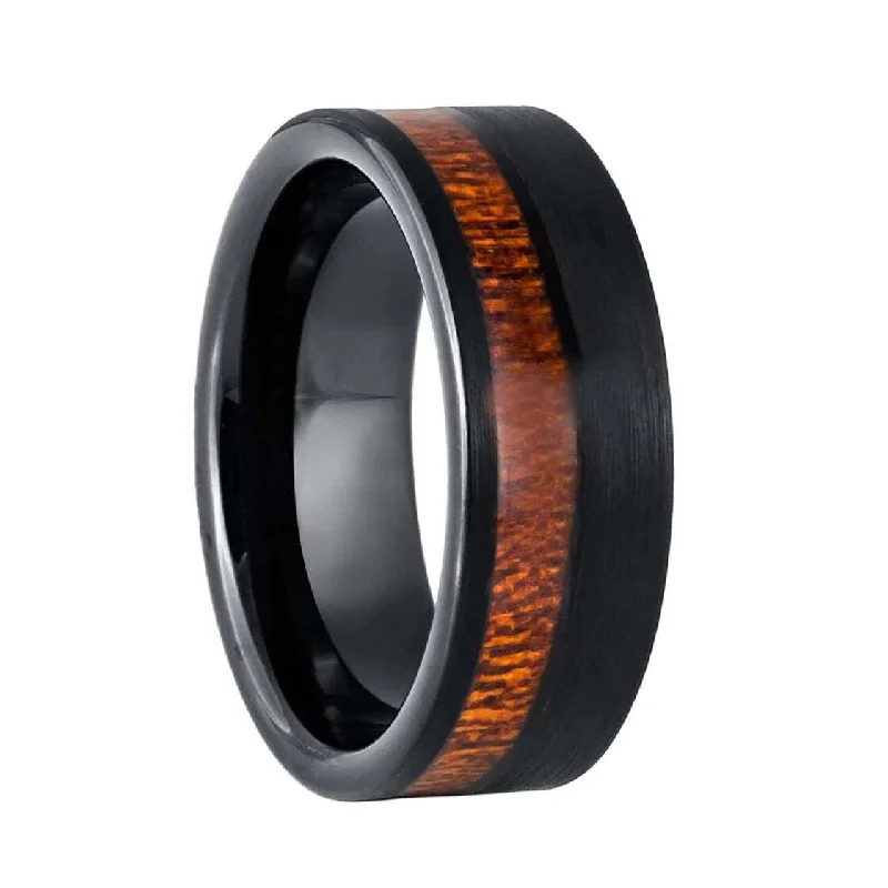 Minimalist rings for women-Half Koa Wood Inlaid Black Tungsten Men's Wedding Band