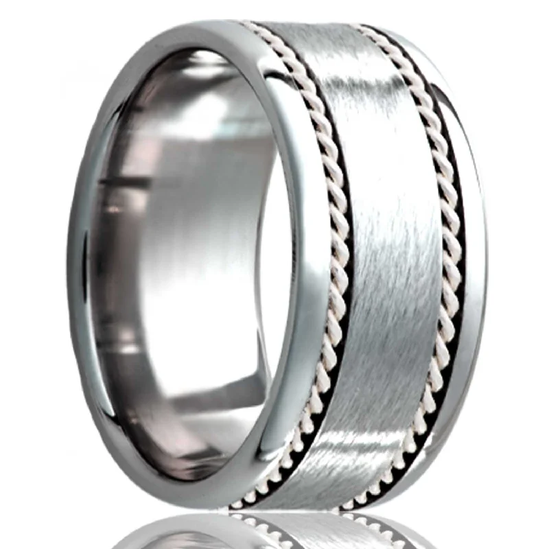 Women’s statement rings with bold colors-Hand Woven Argentium Silver Inlay Satin Tungsten Wedding Band