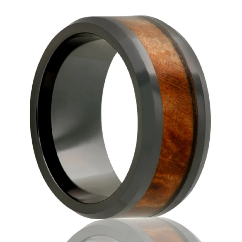 Unique promise rings for women-Burl Wood Inlay Ceramic Wedding Band with Beveled Edges