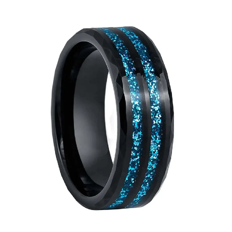 Adjustable rings for women-Blue Confetti Inlaid Black Tungsten Men's Wedding Band