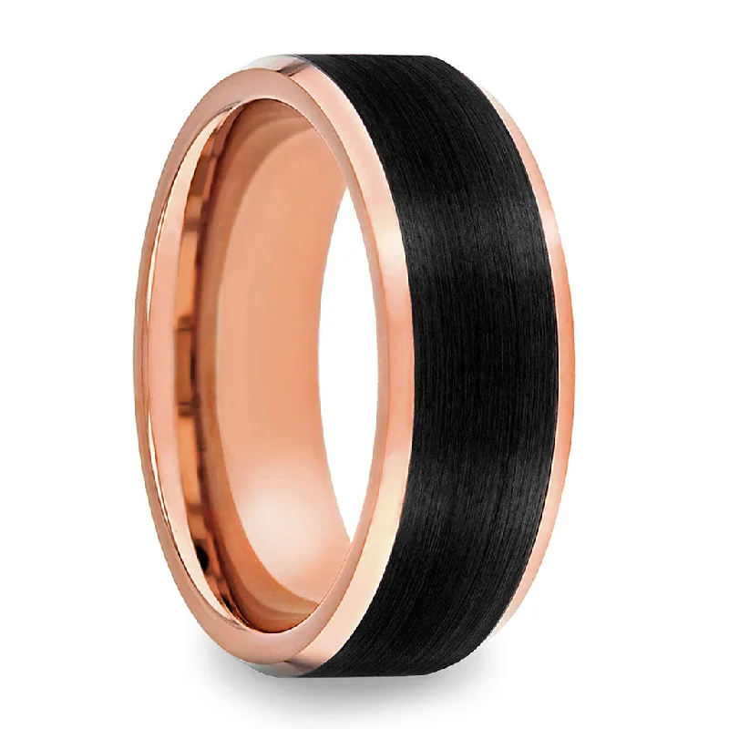 Trendy gemstone rings for women-Rose Gold Tungsten Men's Wedding Band with Black Center