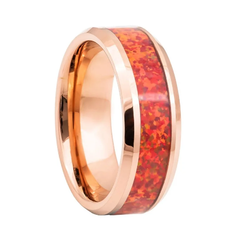 Designer rings for women-Opal Inlay Rose Gold Tungsten Men's Wedding Band