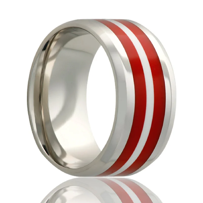 Women’s fashion rings with metal bands-Dual Red Inlay Cobalt Wedding Band with Beveled Edges