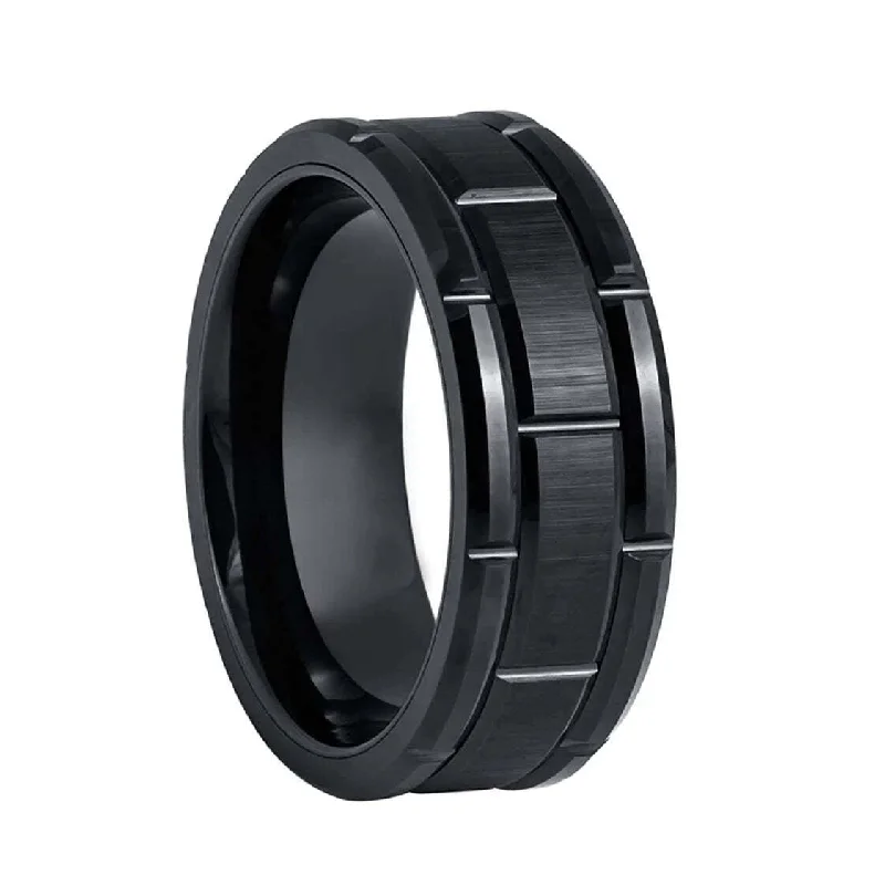 Stunning rings for women with sapphire accents-Geometric Grooved Black Tungsten Men's Wedding Band