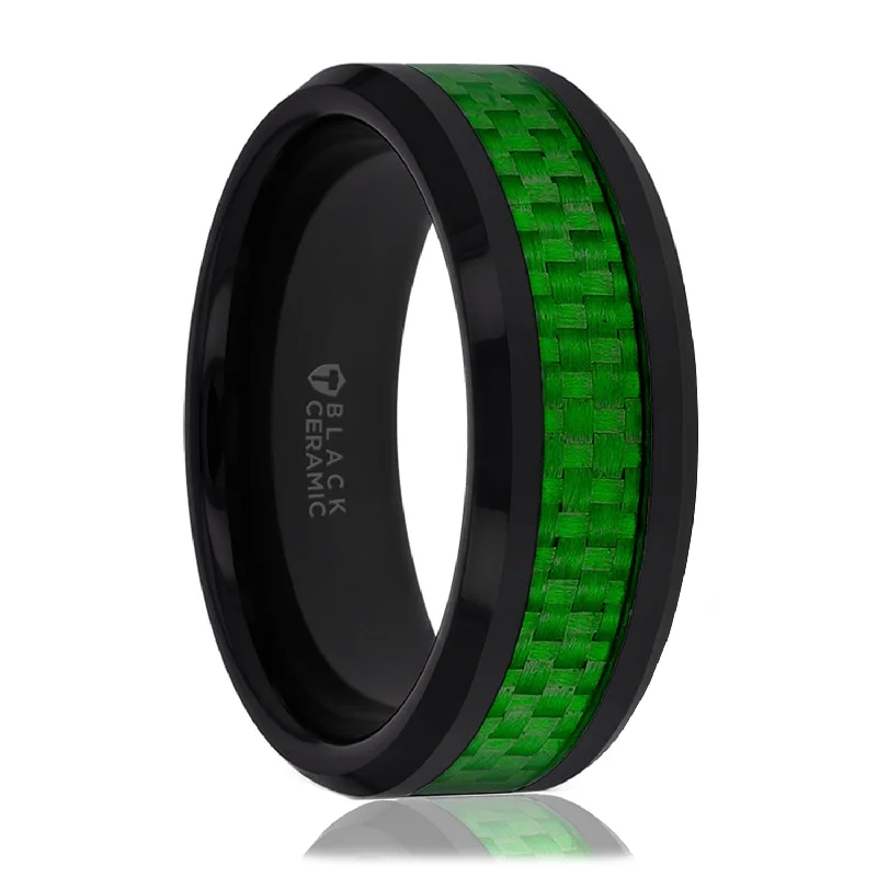 Personalized rings with initials-Black Ceramic Men's Wedding Band with Green Carbon Fiber Inlay