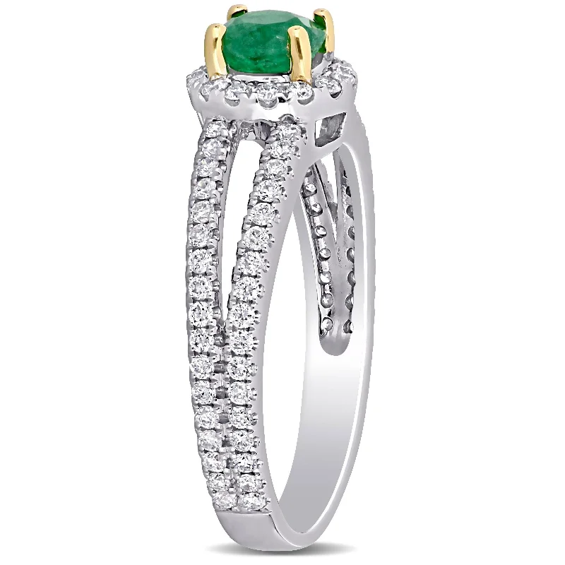 Engagement rings with antique-style settings-Miadora 14k 2-tone White & Yellow Gold Emerald & 1/2ct TDW Diamond Halo Split Shank Engagement Ring