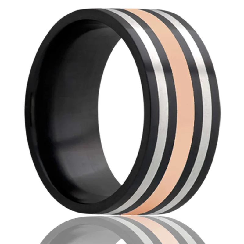 Unique custom rings for ladies-14k Rose Gold & Argentium Silver Inlay Zirconium Wedding Band