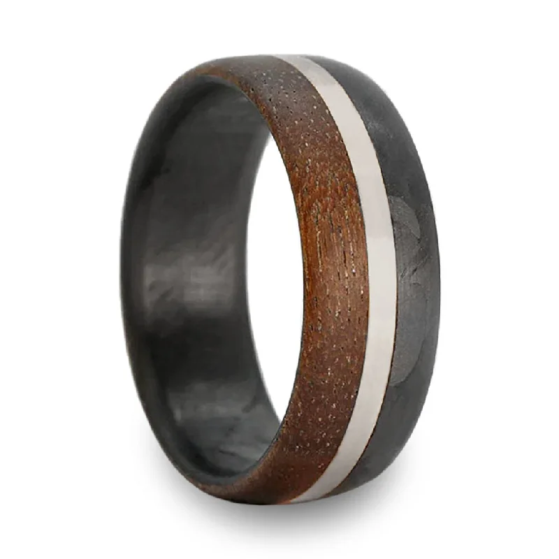 Gold band rings for women-Walnut Wood & White Gold Inlaid Men's Carbon Fiber Wedding Band